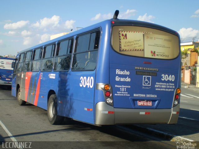 Viação Riacho Grande 3040 na cidade de São Bernardo do Campo, São Paulo, Brasil, por Luis Nunez. Número da foto: #774615.