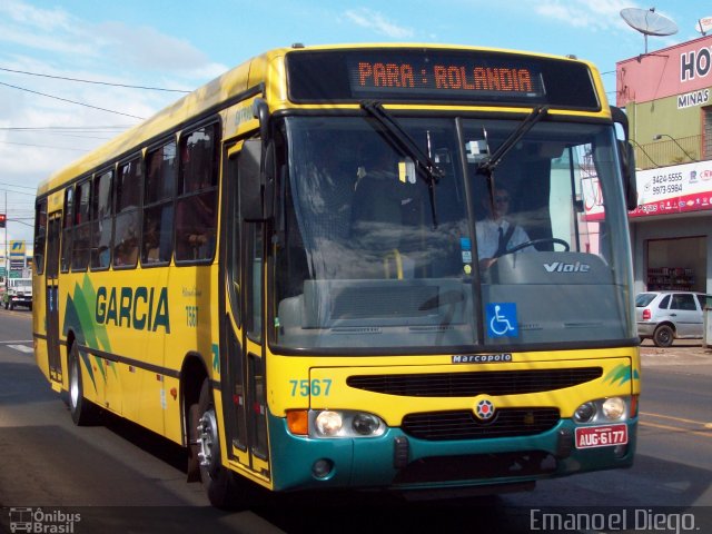 Viação Garcia 7567 na cidade de Apucarana, Paraná, Brasil, por Emanoel Diego.. ID da foto: 1250380.